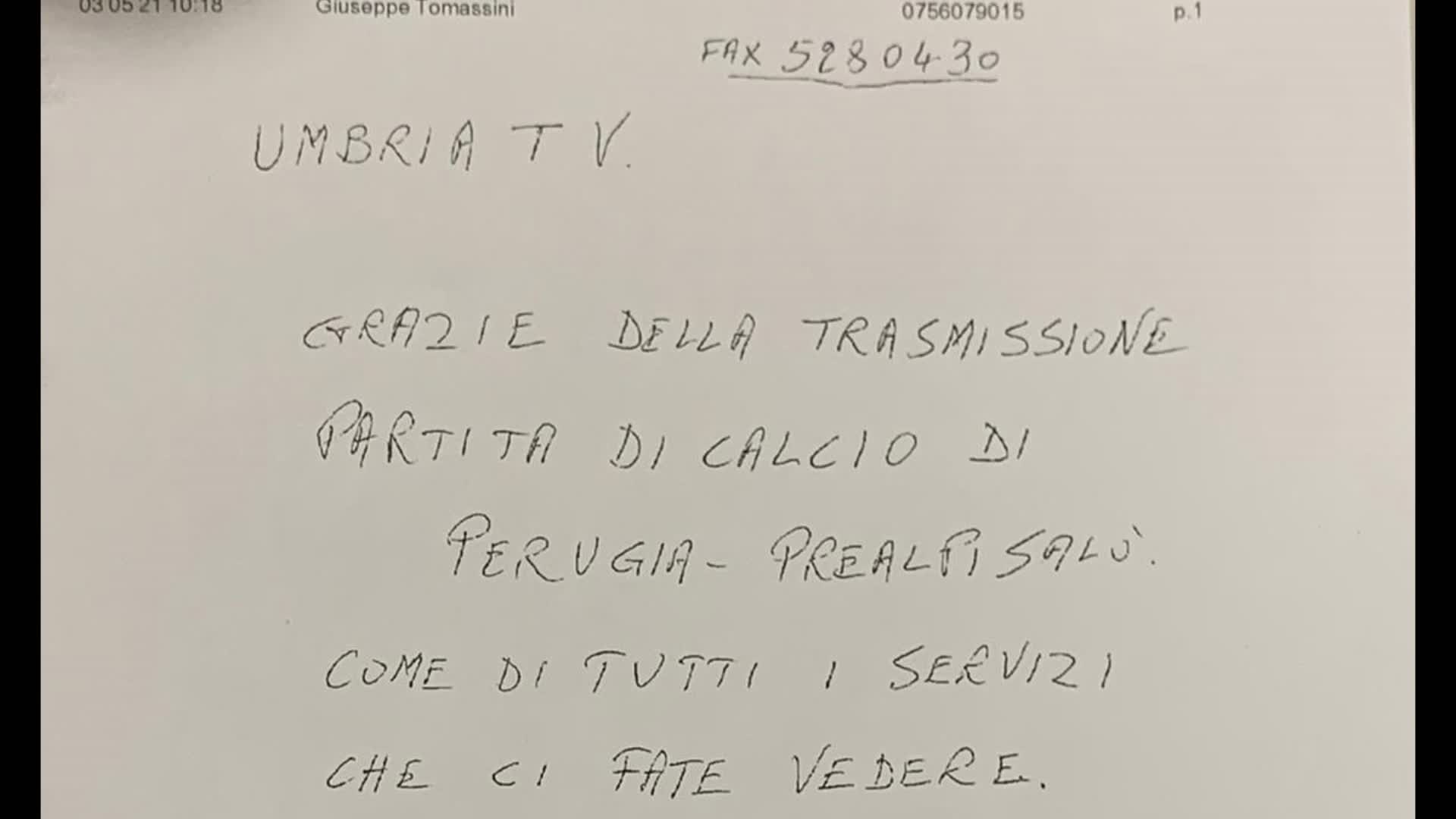 Grifo e ascolti record Umbria Tv: il grazie via fax di 2 tifosi 88enni