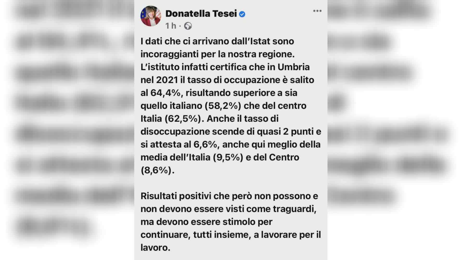 Tesei, tasso occupazione superiore media Italiana