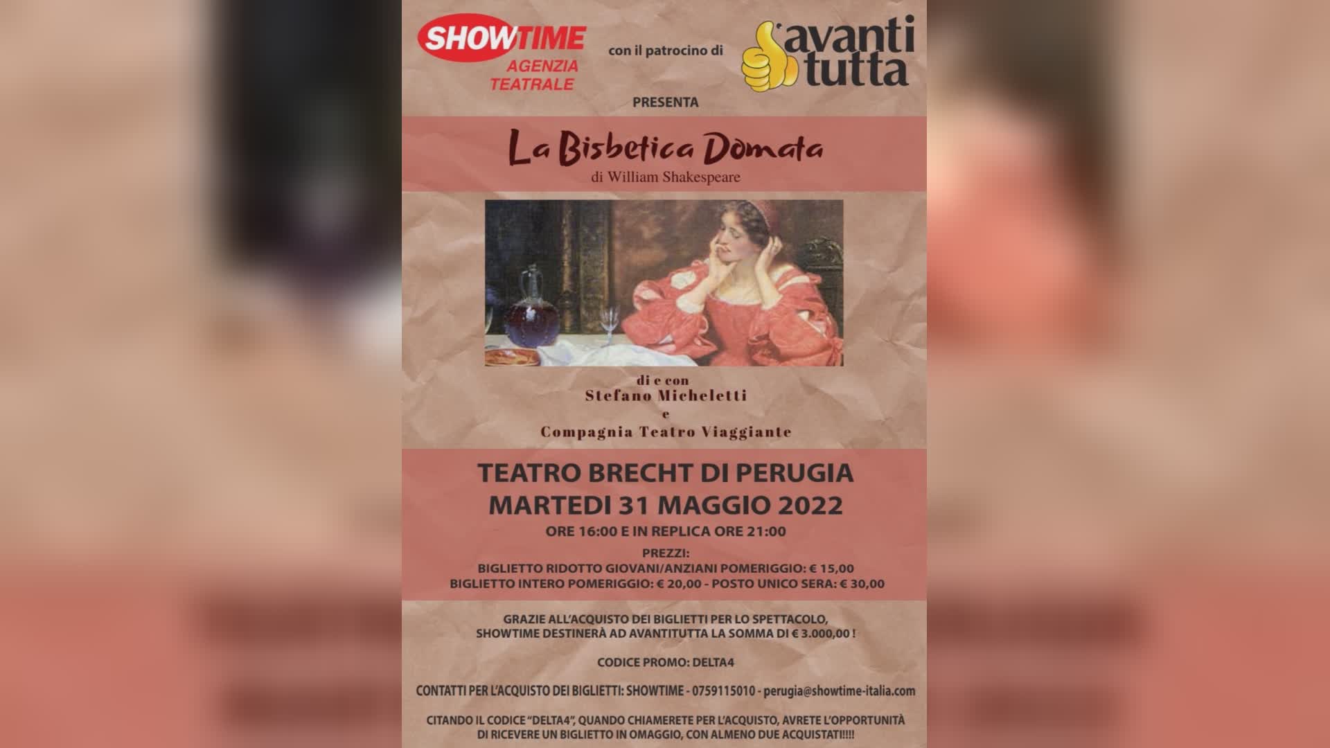 Al teatro Brecht ‘La bisbetica domata’: il ricavato ad Avanti Tutta
