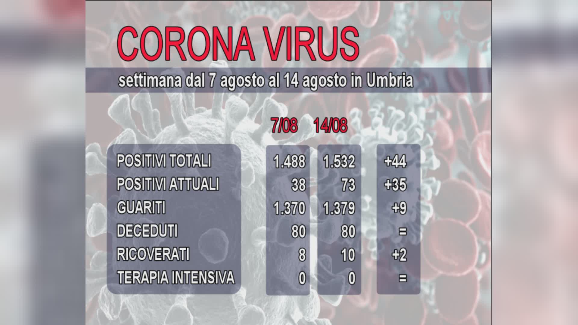 Covid-19, 44 positivi in più dal 7 al 14 Agosto