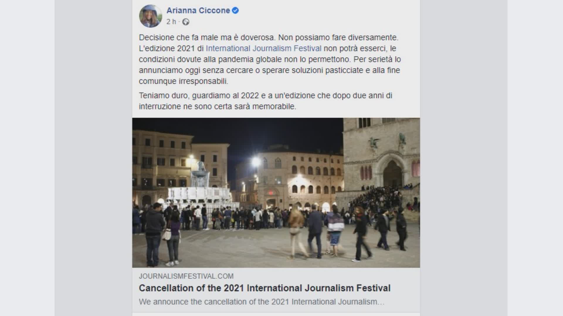 Festival del Giornalismo, causa covid salta anche l’edizione 2021